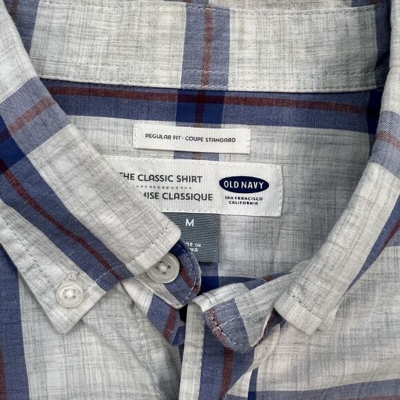 Old Navy Mens Size Medium Gray Blue Red Plaid Button Down Shirt - Picture 5 of 5